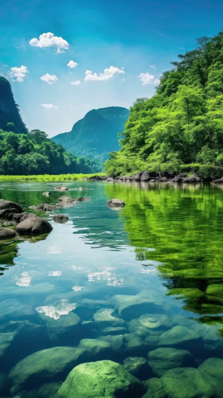 A serene landscape video captures a low-angle view of a tranquil river with lush green hills