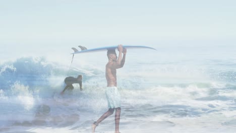 animación de doble exposición de personas que surfean
