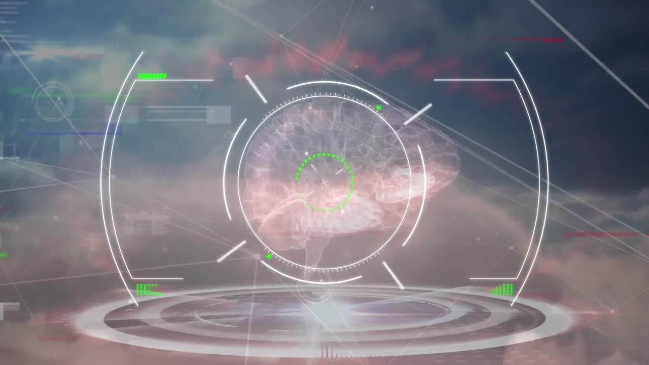 스 ⁇  스캐닝과 뇌와 구름으로 하늘을 가로지르는 연결 네트워크의 애니메이션