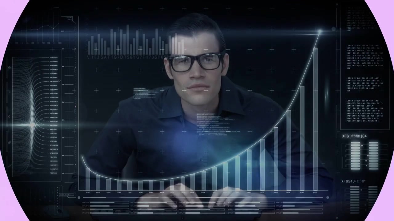 Male presenter presenting with rotating globe and circular wipe revealing him and charts for tech