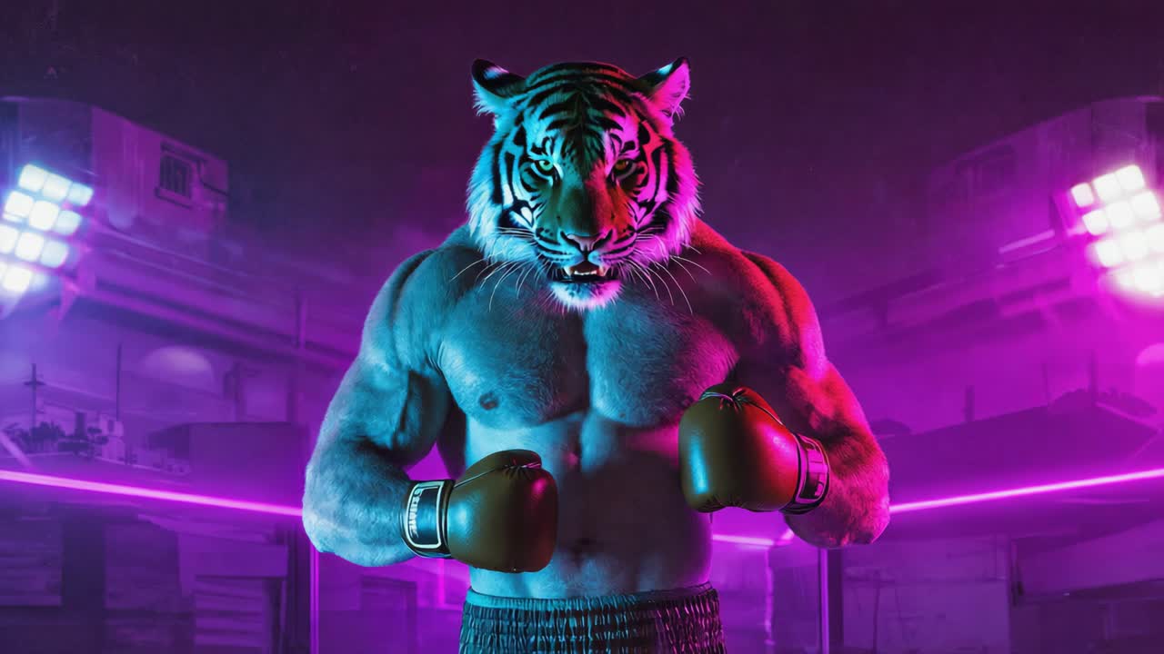 Anthropomorpher Tigerboxer in einer neonbeleuchteten Arena