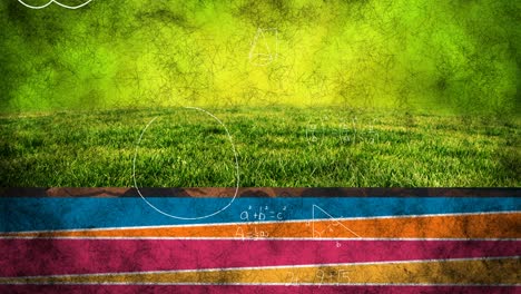 Animation-of-handwritten-maths-formulae-and-calculations-moving-over-colourful-path-and-grass