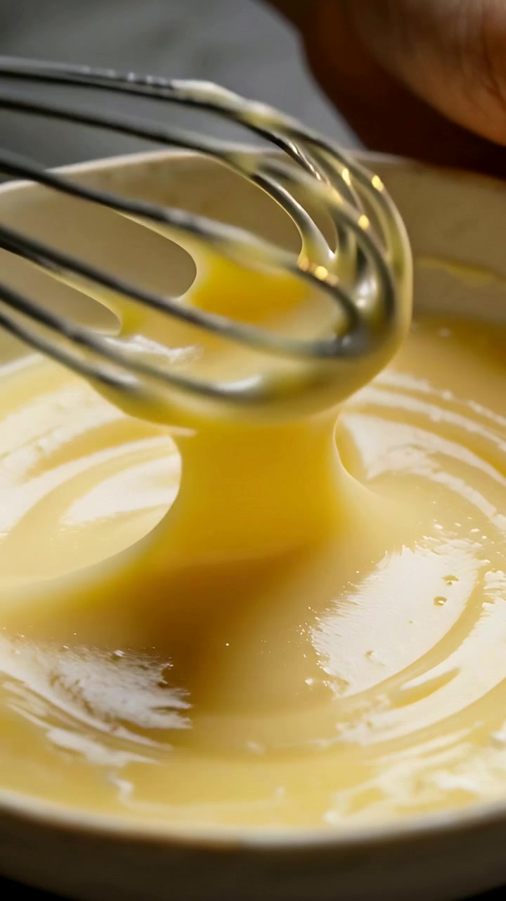 Vertical video: Hand lifting whisk and whisking yellow mixture in light bowl to smooth batter