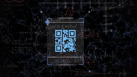 Animation-Mathematischer-Gleichungen-über-Einem-Scanner-Mit-QR-Code-Auf-Schwarzem-Hintergrund