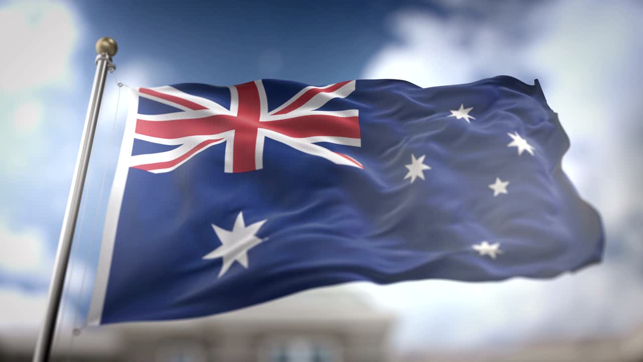 la bandera de australia ondeando en cámara lenta 3d con fondo de cielo azul - bucle sin costuras 4k