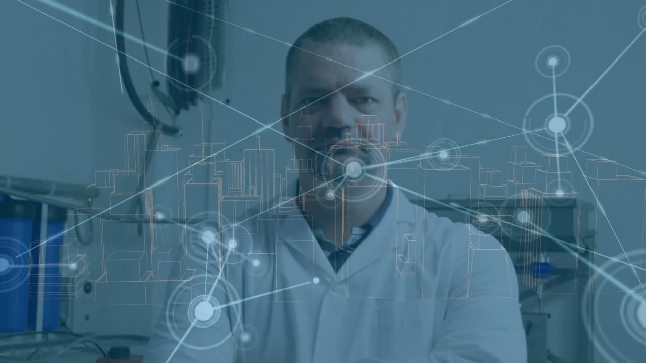 Animation of network of connections over caucasian fabric worker