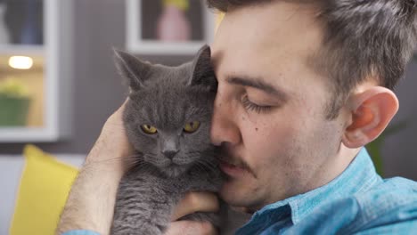 el gato mira a su alrededor en el regazo del dueño.