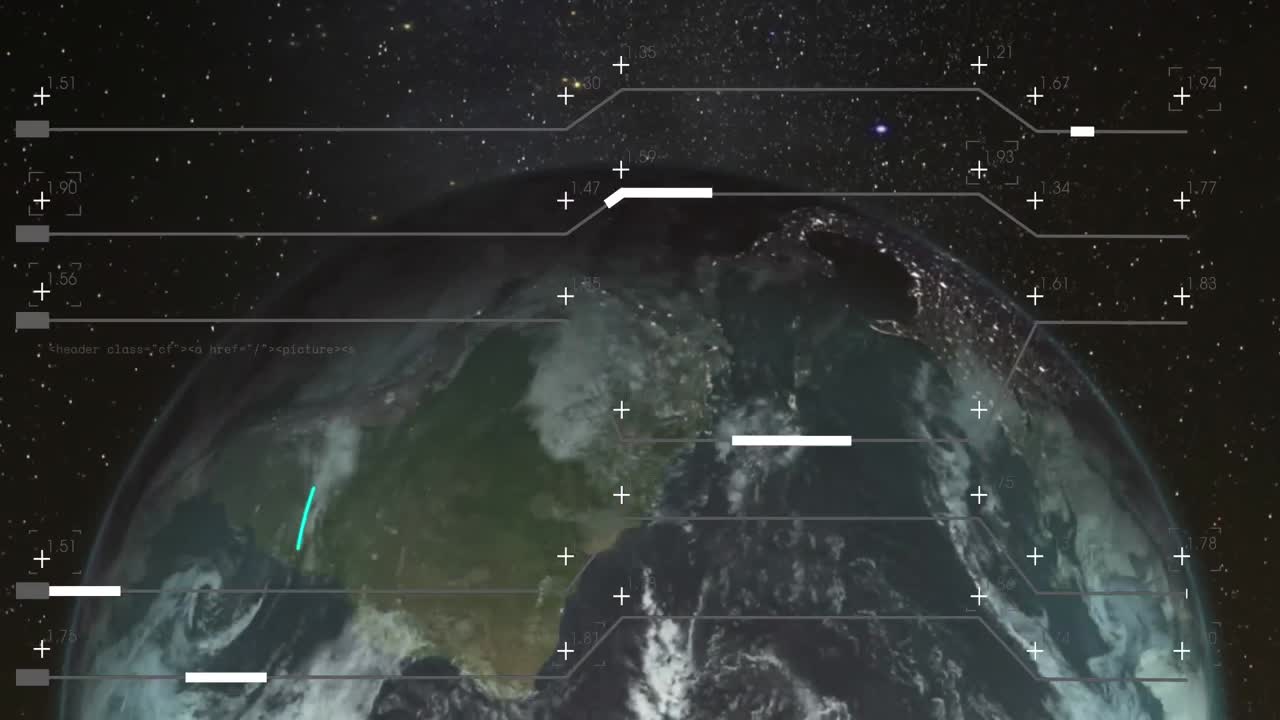 Animation of interface with data processing over spinning globe against black background