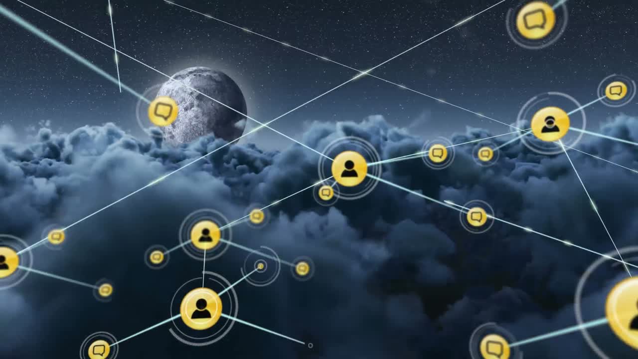 animación de la red de conexiones con iconos sobre nubes