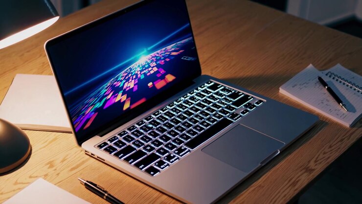Computer portatile con grafica digitale astratta sullo schermo su una scrivania in legno
