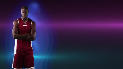 animation of african american male basketball player with arms crossed on purple background