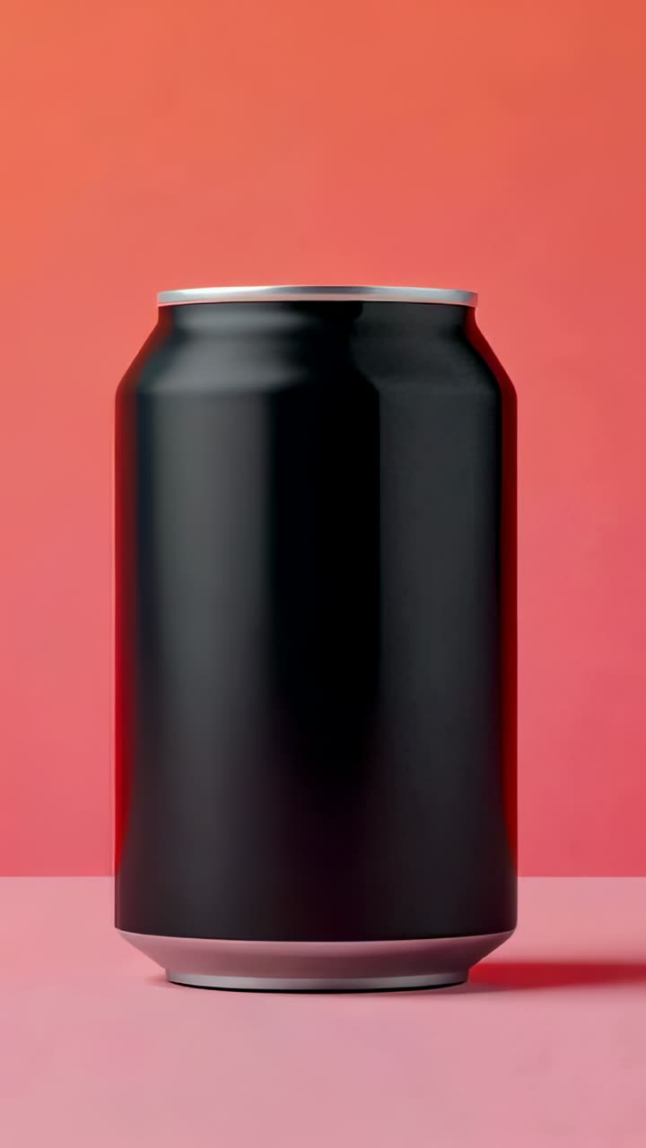 Vertical video: Standing black aluminum can remaining still on pink tabletop, with red backdrop