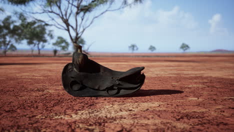 old decorated mexican saddle lying on sand