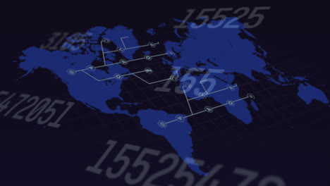 múltiples números cambiantes a través de la red de iconos digitales contra el mapa del mundo en fondo negro