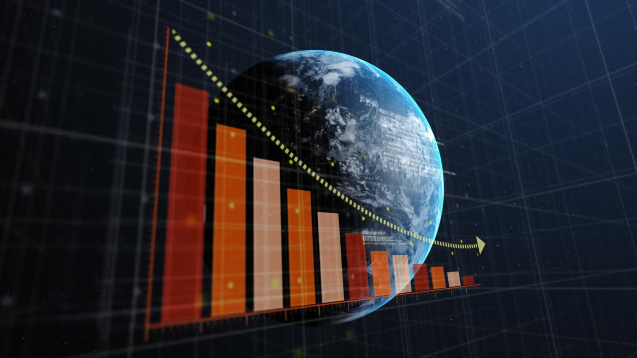 Animation of statistical data processing over globe against blue background