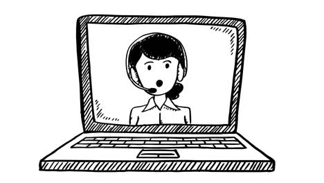 animación en blanco y negro al estilo de dibujos animados, de la mujer de soporte de servicio al cliente, que aparece en la pantalla del portátil.