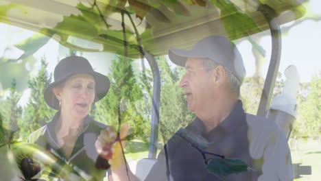 animación de árboles sobre una pareja caucásica mayor en un campo de golf