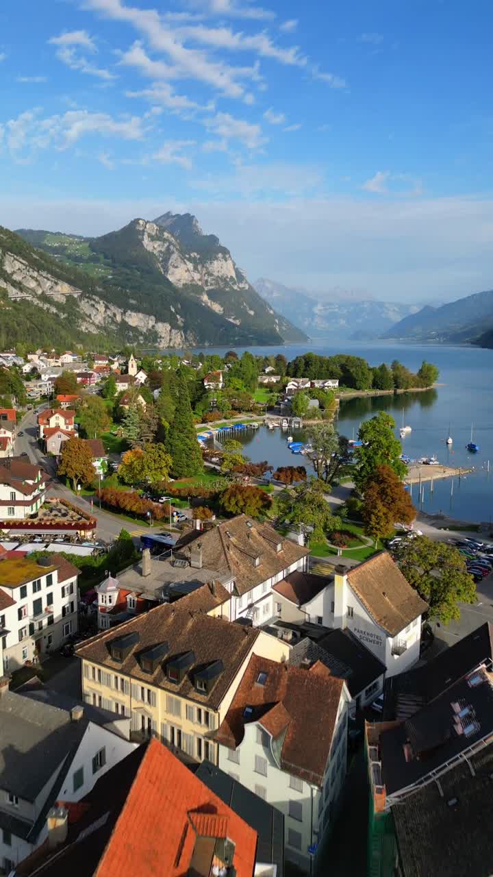 Weesen village in Switzerland Walensee Lake Walen Swiss alpine holiday resort