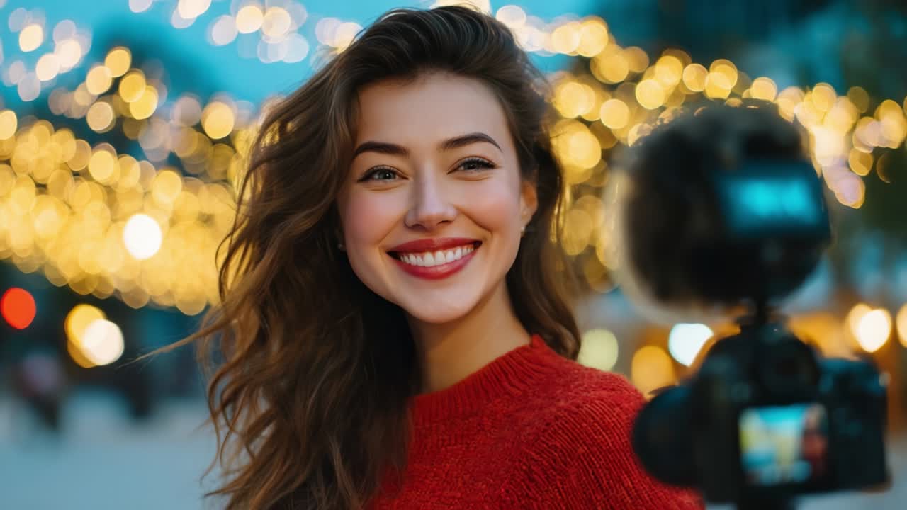 A vibrant young woman joyfully capturing a moment on her camera amidst a backdrop of sparkling lights, radiating warmth and positivity in her expression, perfect for inspiring content creation and connection