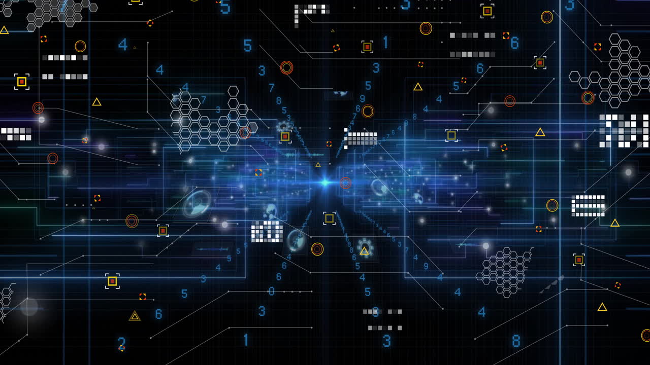 Animation of digital network processing data with numbers and geometric shapes