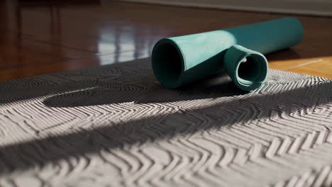 yoga mat on wooden floor with teal yoga rollers