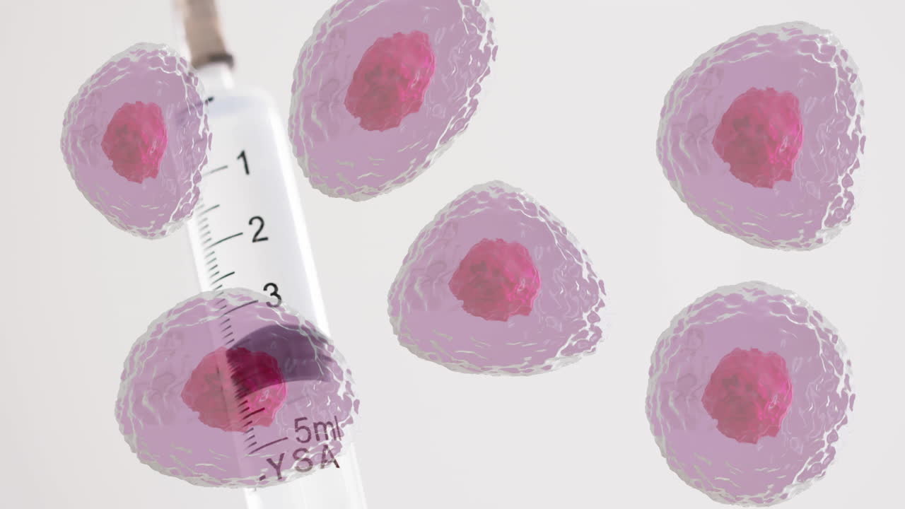 색 바탕에 적혈구와 주사기의 애니메이션