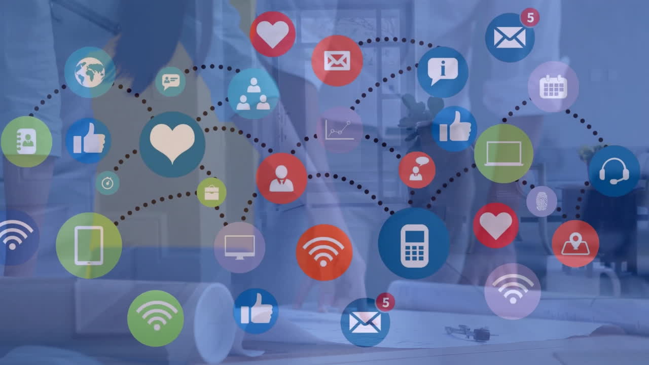 사무실에서 다양한 비즈니스 사람들에 대한 아이콘과의 연결의 애니메이션