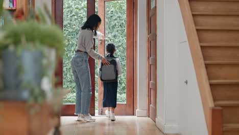 mother, kid and ready for school in hallway