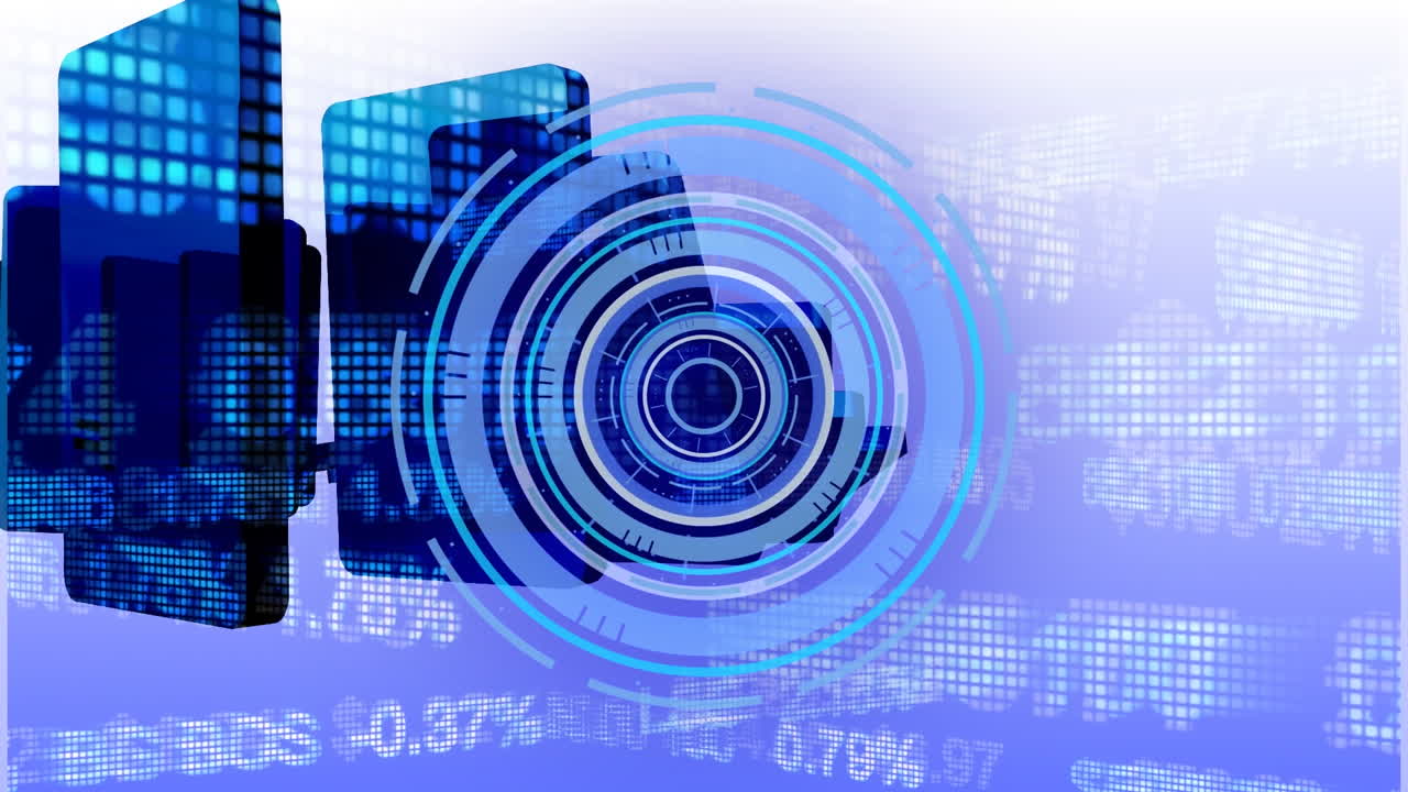 파란색 배경에 도미노와 주식 시장 위의 범위 스캐닝의 애니메이션