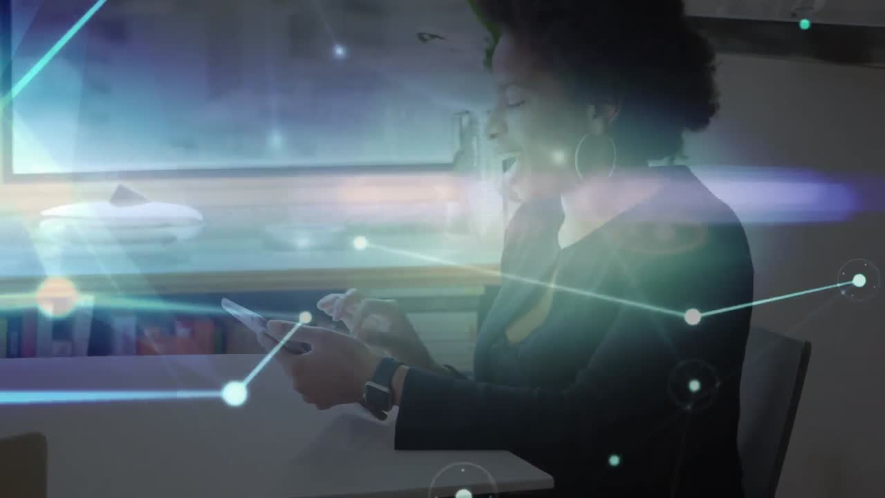 Animation of networks of connections with icons over woman using tablet