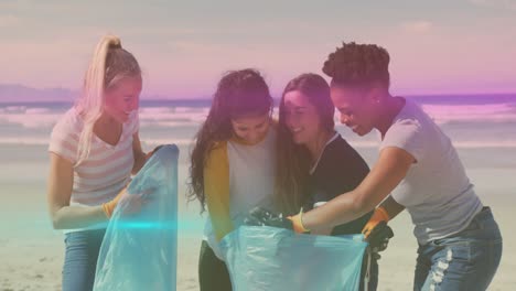 Animation-of-pink-and-blue-lights-over-happy-diverse-female-group-picking-up-rubbish-from-beach