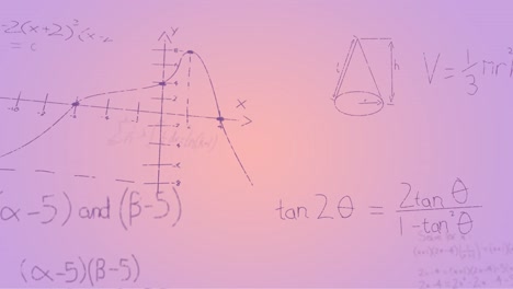 Animation-of-handwritten-mathematical-formulae-over-purple-background