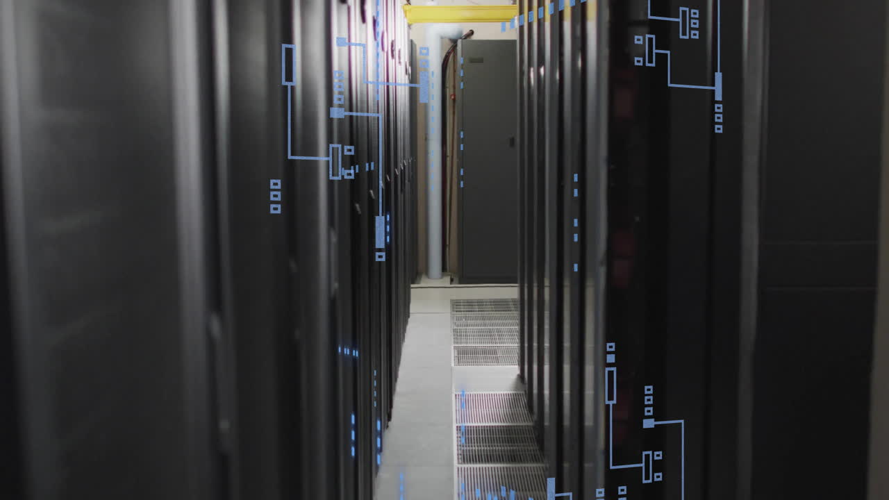 Animation of circuit board and data processing over computer servers