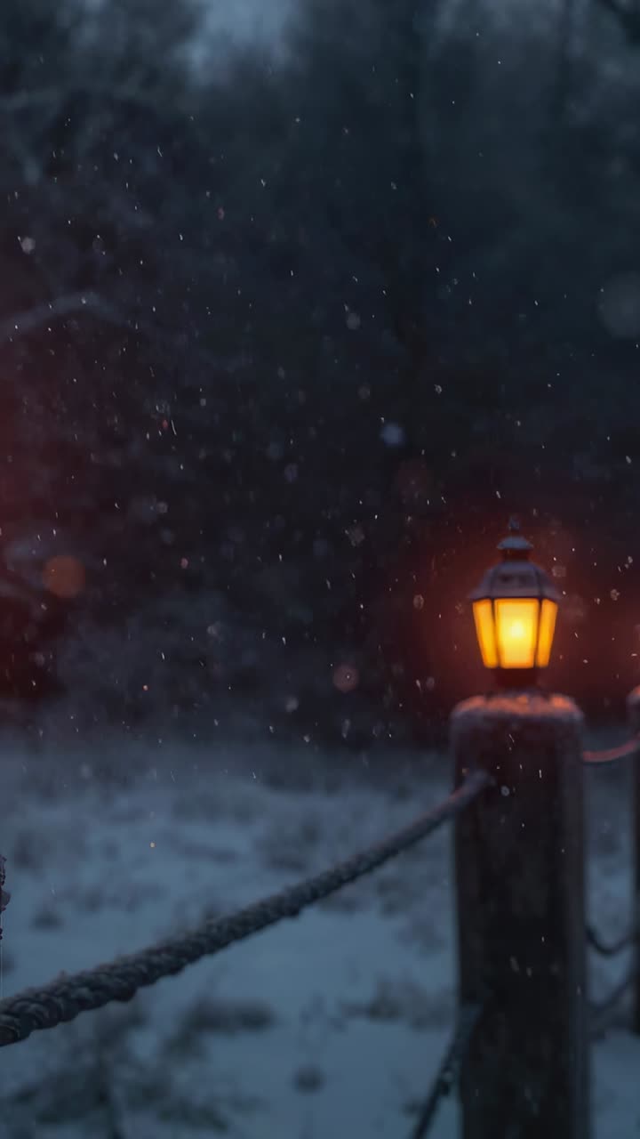 Video verticale: panoramica della telecamera verso destra lungo un recinto innevato al crepuscolo, con lanterne illuminate, spazio per il testo