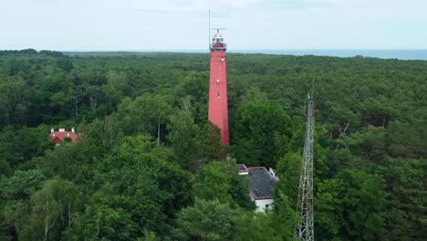 hel lighthouse (latarnia morska hel) with red tower in poland. - aerial shot