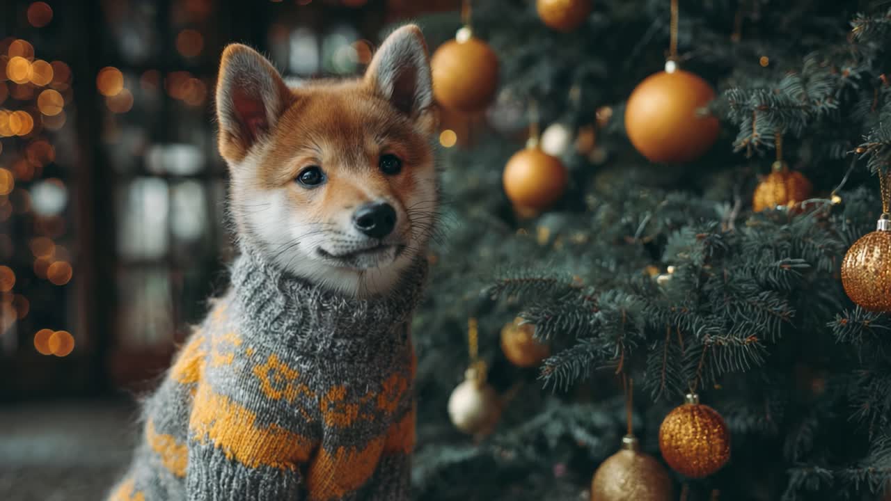 A Charming Dog in a Cozy Sweater Poses Next to a Glittering Christmas Tree, Surrounded by Beautiful Ornaments and Holiday Lights
