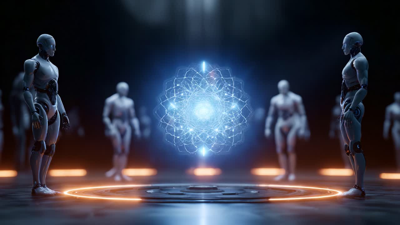 Figure robotiche futuristiche riunite attorno a un nucleo energetico luminoso e complesso, che mostrano tecnologia avanzata e intelligenza artificiale in un ambiente fantascientifico dinamico