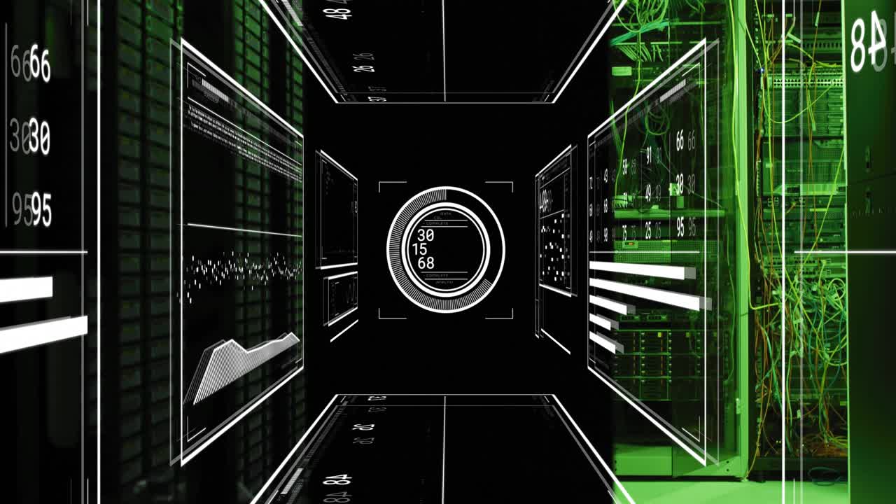 Wireframe corridor opening activating data charts, servers displaying metrics, dial cycling reading