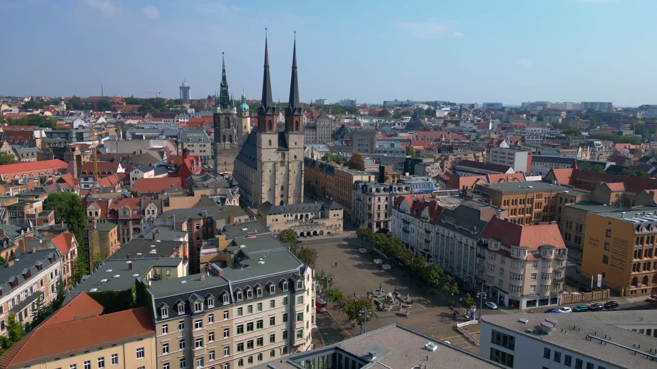 halle - saale - showing the iconic landmarks of the city center with its medieval buildings. Best aerial view flight static tripod hovering drone