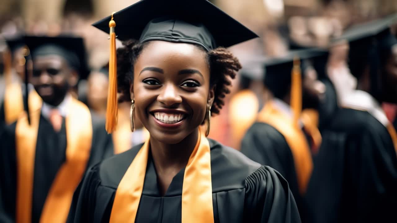 A joyful graduate in cap and gown smiles at the camera. Captured at eye level, the video style