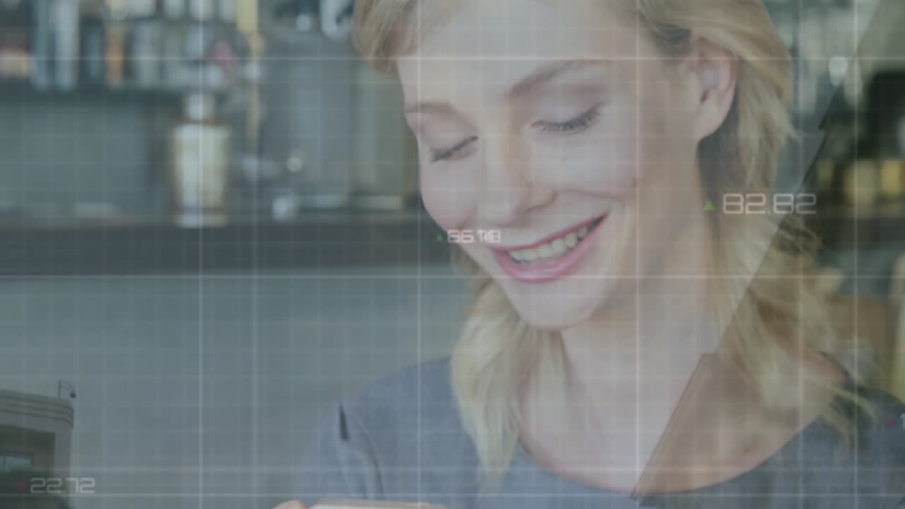 Animation of financial data processing over caucasian woman using smartphone