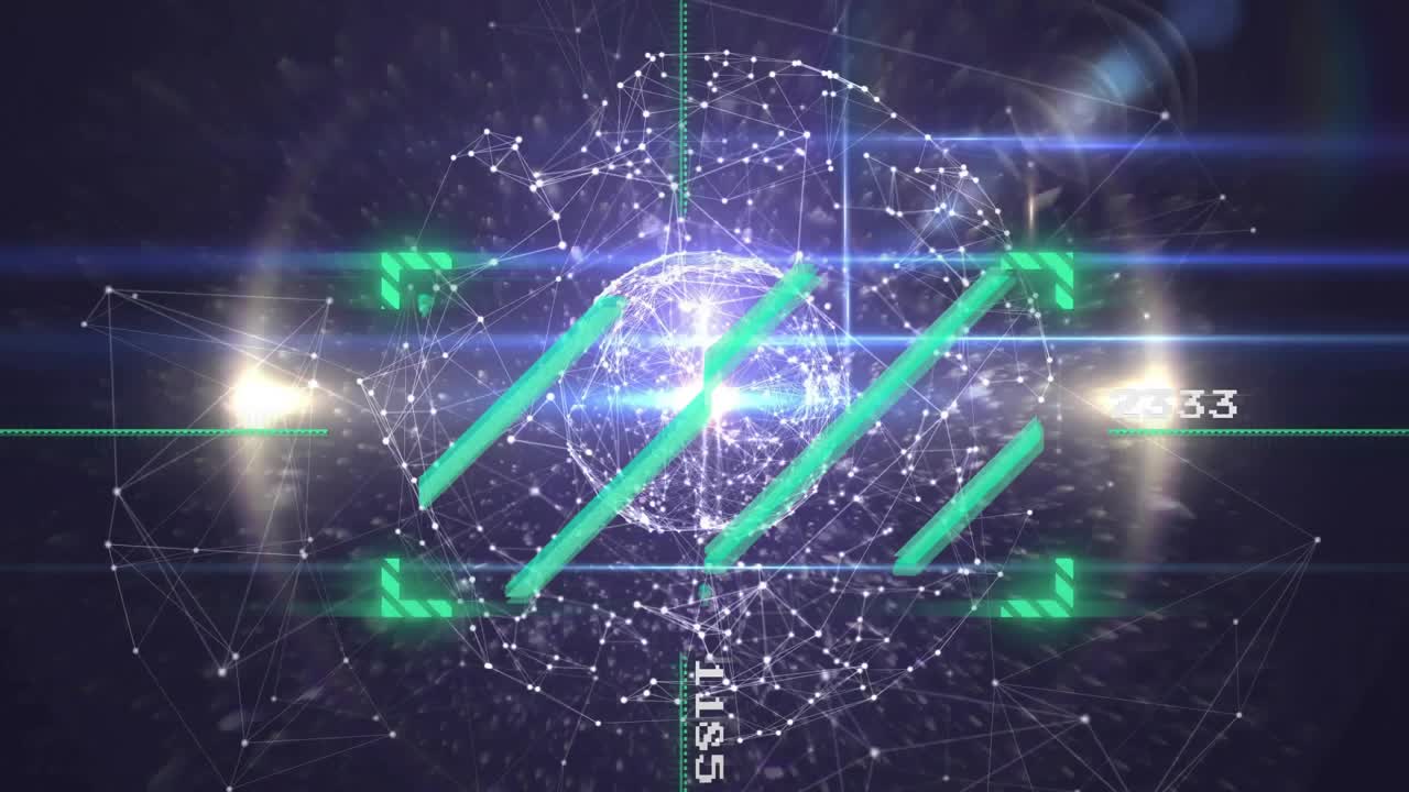 Grid lines fading initiating sphere pulsing rotating while scanning values visualizing data