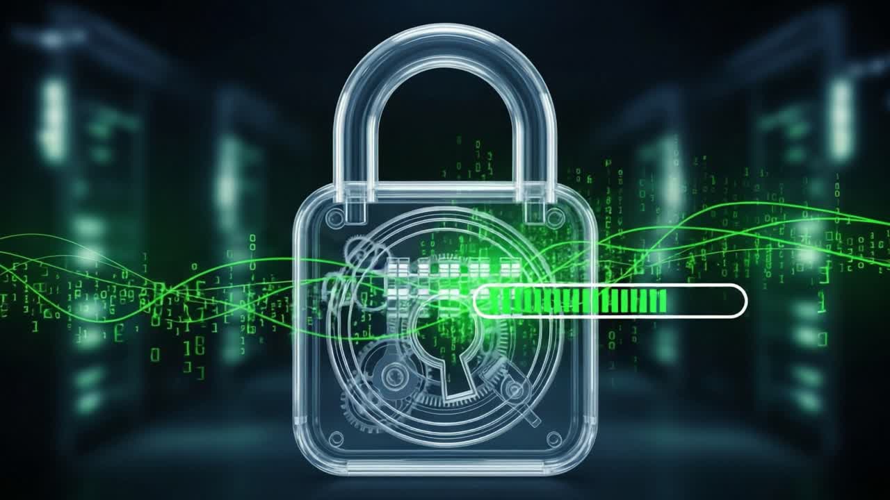 A Futuristic Cybersecurity Concept Featuring a Transparent Padlock with Digital Elements Representing Data Protection and Encryption in a High-Tech Environment
