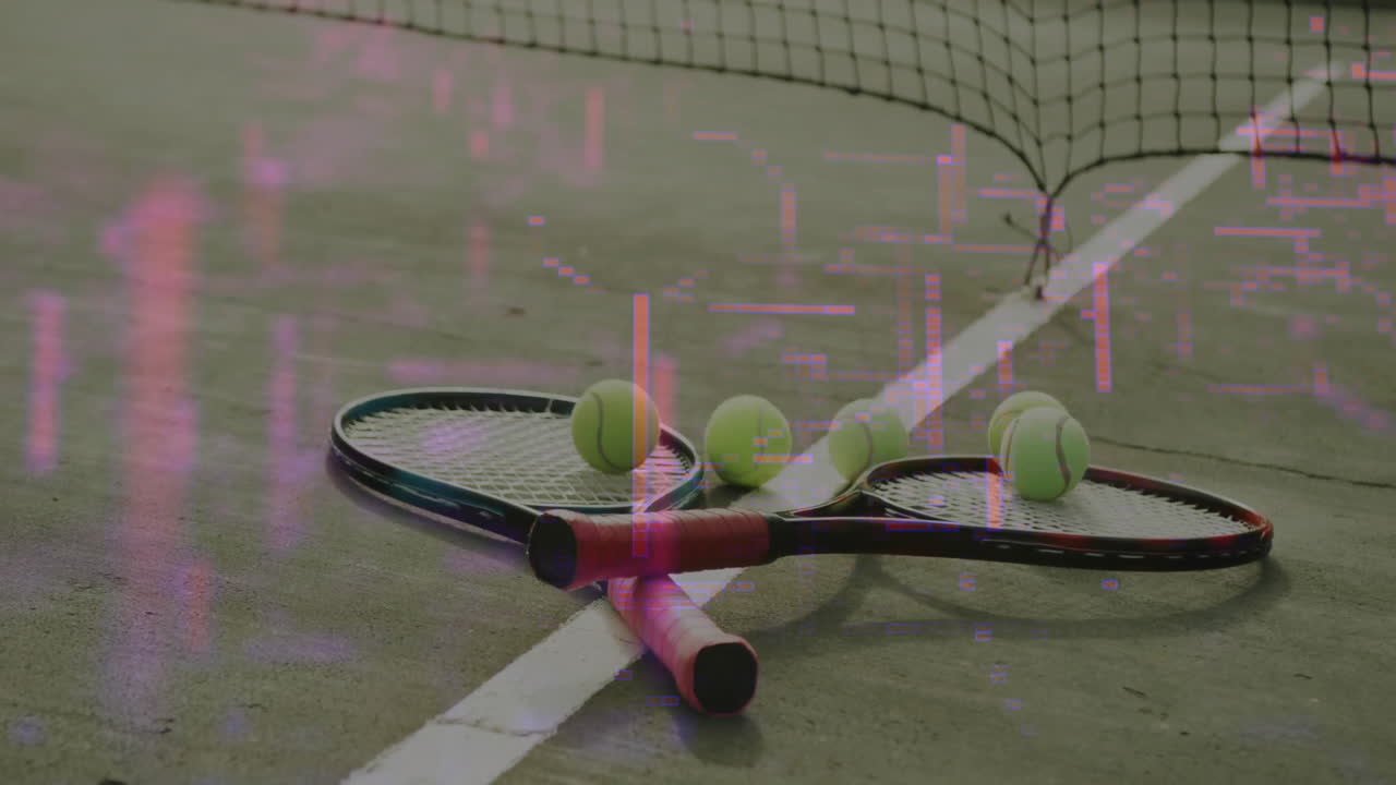 Flat design two red-grip tennis rackets resting crossed on court, five green balls rolling nearby