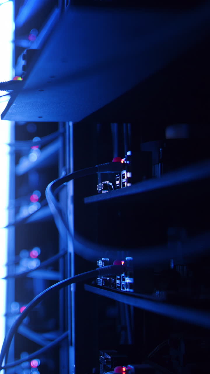 A man and a woman programming in a server room. Vertical