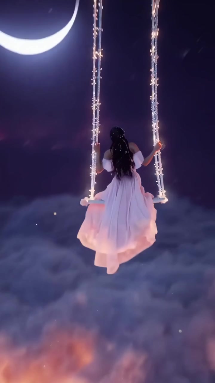 Donna in abito bianco che si dondola sopra le nuvole di notte