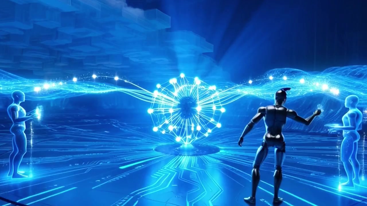 光るデジタルデータ球体を持つ未来的な人型フィギュア