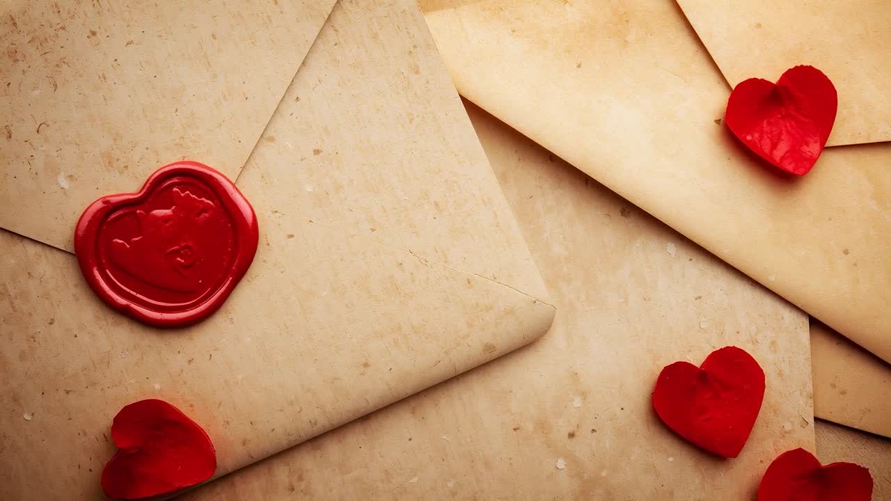 Câmera com zoom revelando envelopes lacrados em cima da mesa, enfatizando o selo de cera vermelha e as pétalas de coração