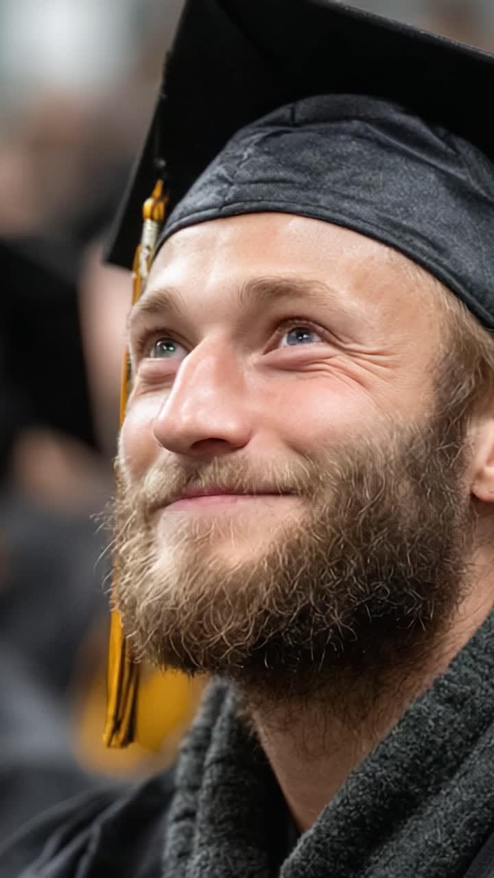 En glad student firar sin prestation med ett stort leende och en hoppfull framtid i studentmössa och toga mitt ibland andra studiekamrater