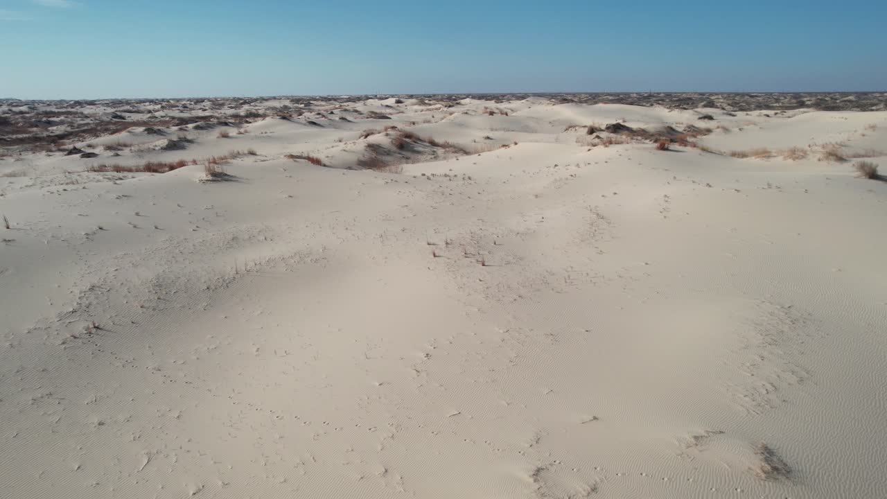 paisaje desértico del parque estatal monahans sandhills, texas usa, arena, dunas y horizonte azul en un día caluroso y soleado, disparo de drones